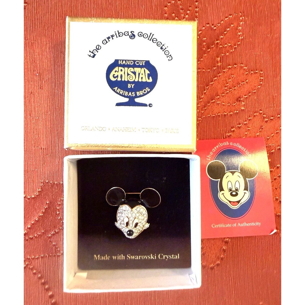 NEW Arribas Bros Swarovski Crystal Disney Mickey Mouse Jeweled Brooch Pin COA